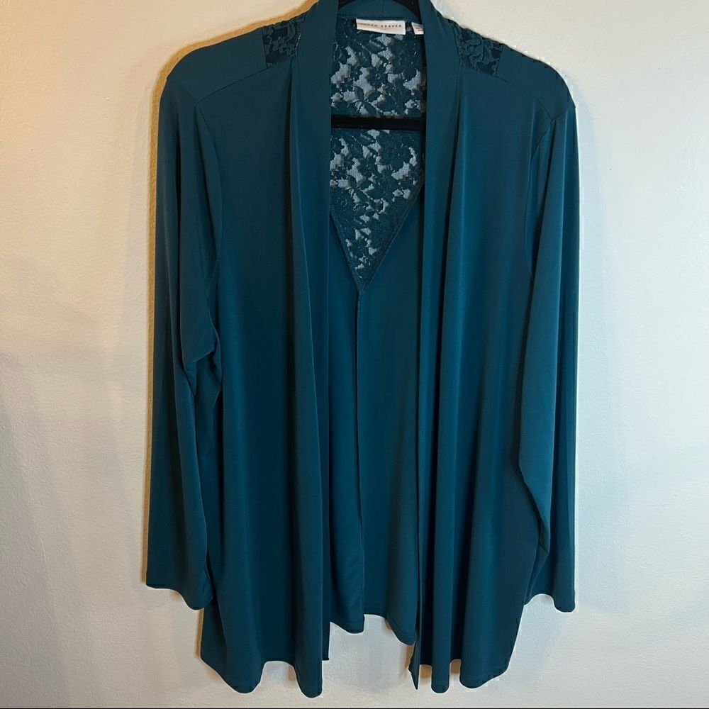 Susan Graver Cardigan Size XL Green lace inset on back open front Long Sleeves
